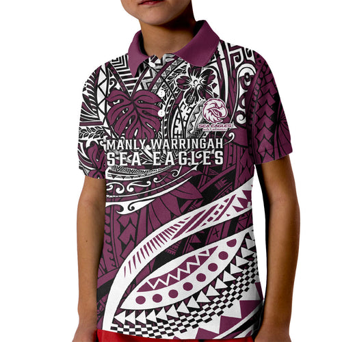 Personalised Manly Warringah Sea Eagles Kid Polo Shirt Polynesian Tribal Art Style With Muscular Sea Eagle Mascot