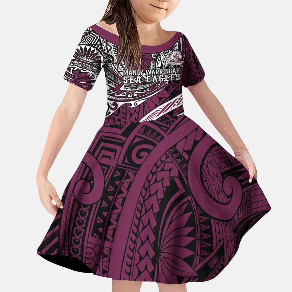 Personalised Manly Warringah Sea Eagles Kid Short Sleeve Dress Polynesian Tribal Art Style With Muscular Sea Eagle Mascot