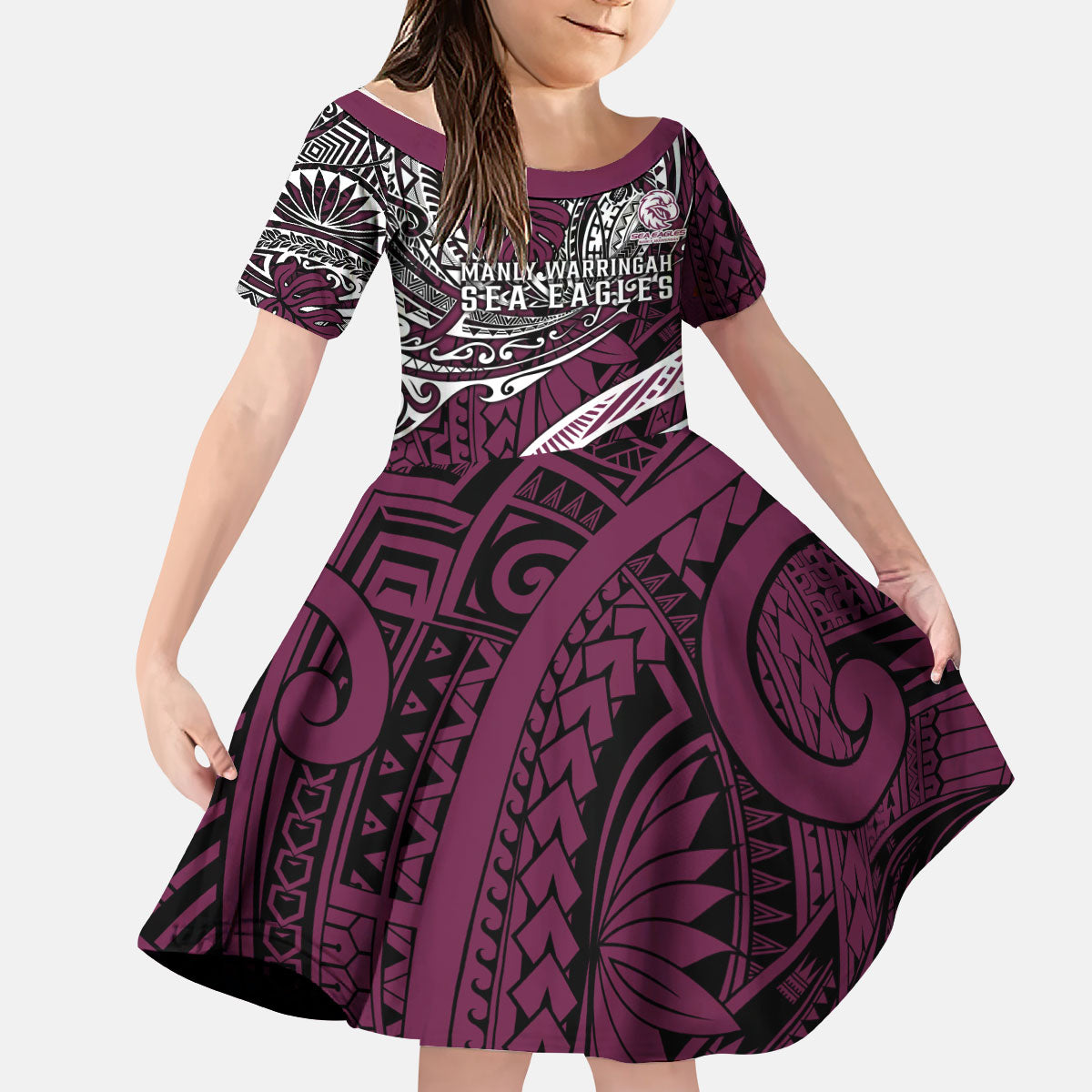 Personalised Manly Warringah Sea Eagles Kid Short Sleeve Dress Polynesian Tribal Art Style With Muscular Sea Eagle Mascot