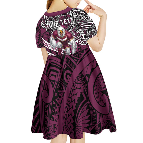 Personalised Manly Warringah Sea Eagles Kid Short Sleeve Dress Polynesian Tribal Art Style With Muscular Sea Eagle Mascot