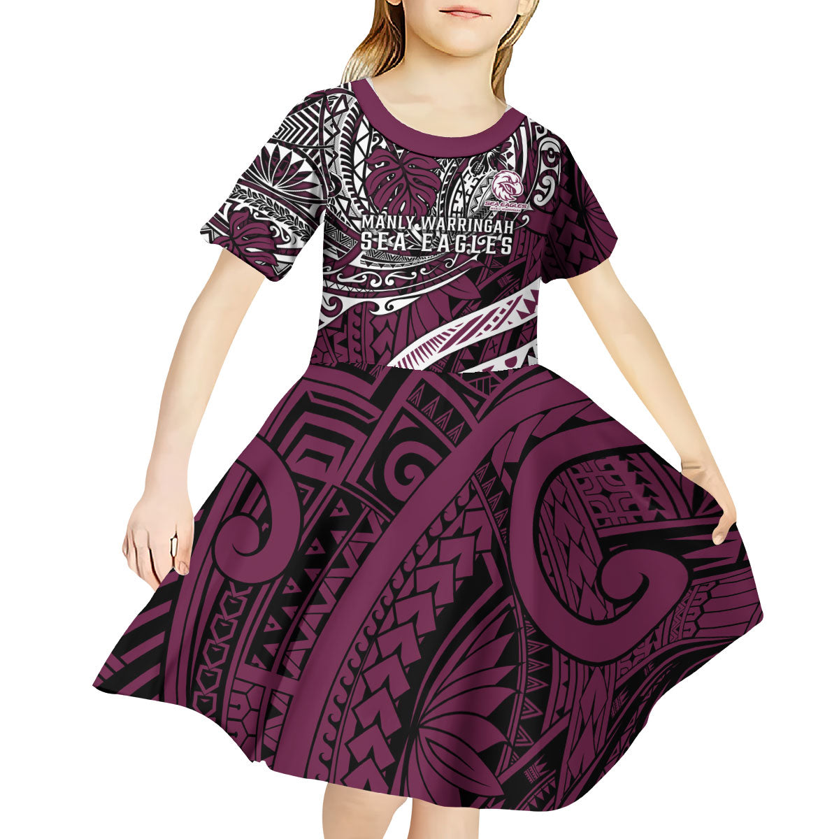 Personalised Manly Warringah Sea Eagles Kid Short Sleeve Dress Polynesian Tribal Art Style With Muscular Sea Eagle Mascot