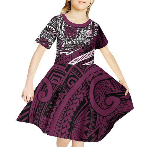 Personalised Manly Warringah Sea Eagles Kid Short Sleeve Dress Polynesian Tribal Art Style With Muscular Sea Eagle Mascot