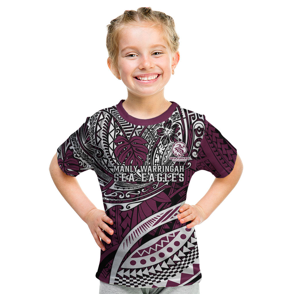 Personalised Manly Warringah Sea Eagles Kid T Shirt Polynesian Tribal Art Style With Muscular Sea Eagle Mascot