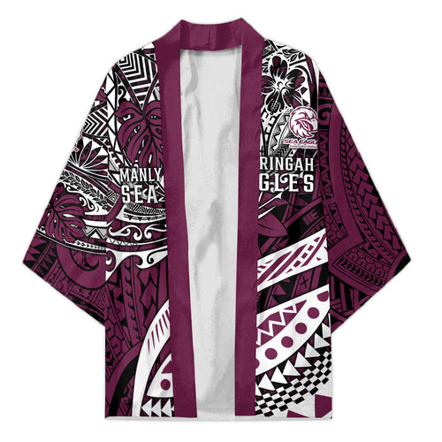 Personalised Manly Warringah Sea Eagles Kimono Polynesian Tribal Art Style With Muscular Sea Eagle Mascot