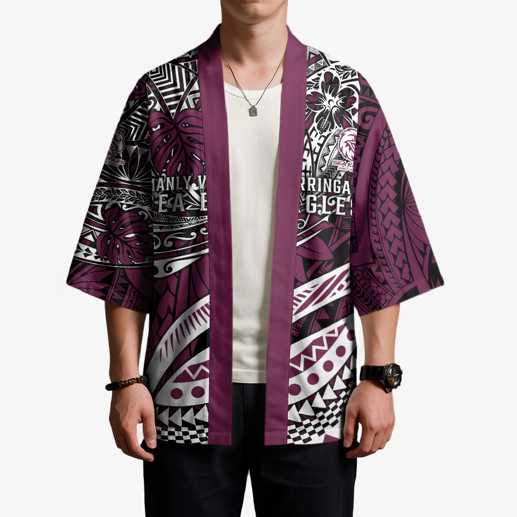 Personalised Manly Warringah Sea Eagles Kimono Polynesian Tribal Art Style With Muscular Sea Eagle Mascot