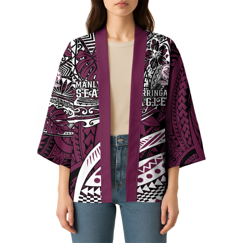Personalised Manly Warringah Sea Eagles Kimono Polynesian Tribal Art Style With Muscular Sea Eagle Mascot