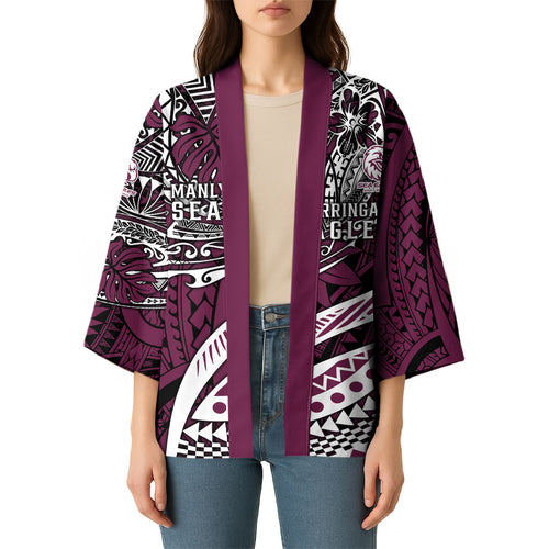 Personalised Manly Warringah Sea Eagles Kimono Polynesian Tribal Art Style With Muscular Sea Eagle Mascot