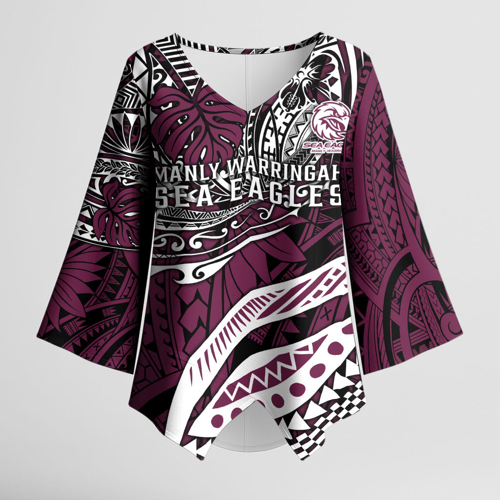 Personalised Manly Warringah Sea Eagles Kimono Sleeve Blouse Polynesian Tribal Art Style With Muscular Sea Eagle Mascot