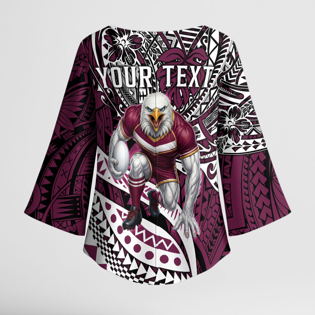 Personalised Manly Warringah Sea Eagles Kimono Sleeve Blouse Polynesian Tribal Art Style With Muscular Sea Eagle Mascot