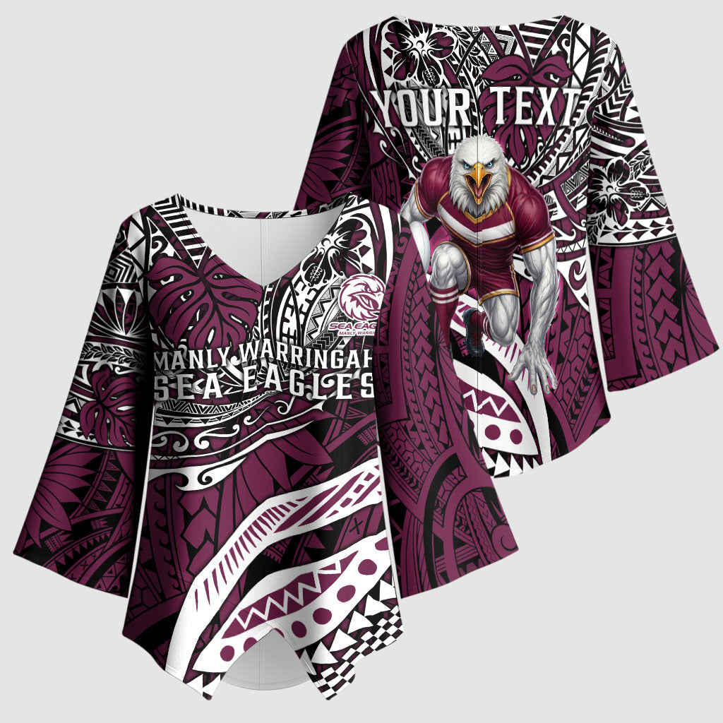 Personalised Manly Warringah Sea Eagles Kimono Sleeve Blouse Polynesian Tribal Art Style With Muscular Sea Eagle Mascot