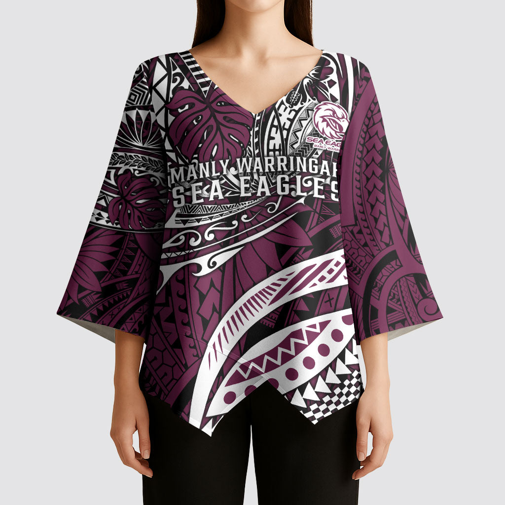 Personalised Manly Warringah Sea Eagles Kimono Sleeve Blouse Polynesian Tribal Art Style With Muscular Sea Eagle Mascot