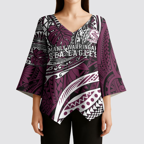 Personalised Manly Warringah Sea Eagles Kimono Sleeve Blouse Polynesian Tribal Art Style With Muscular Sea Eagle Mascot