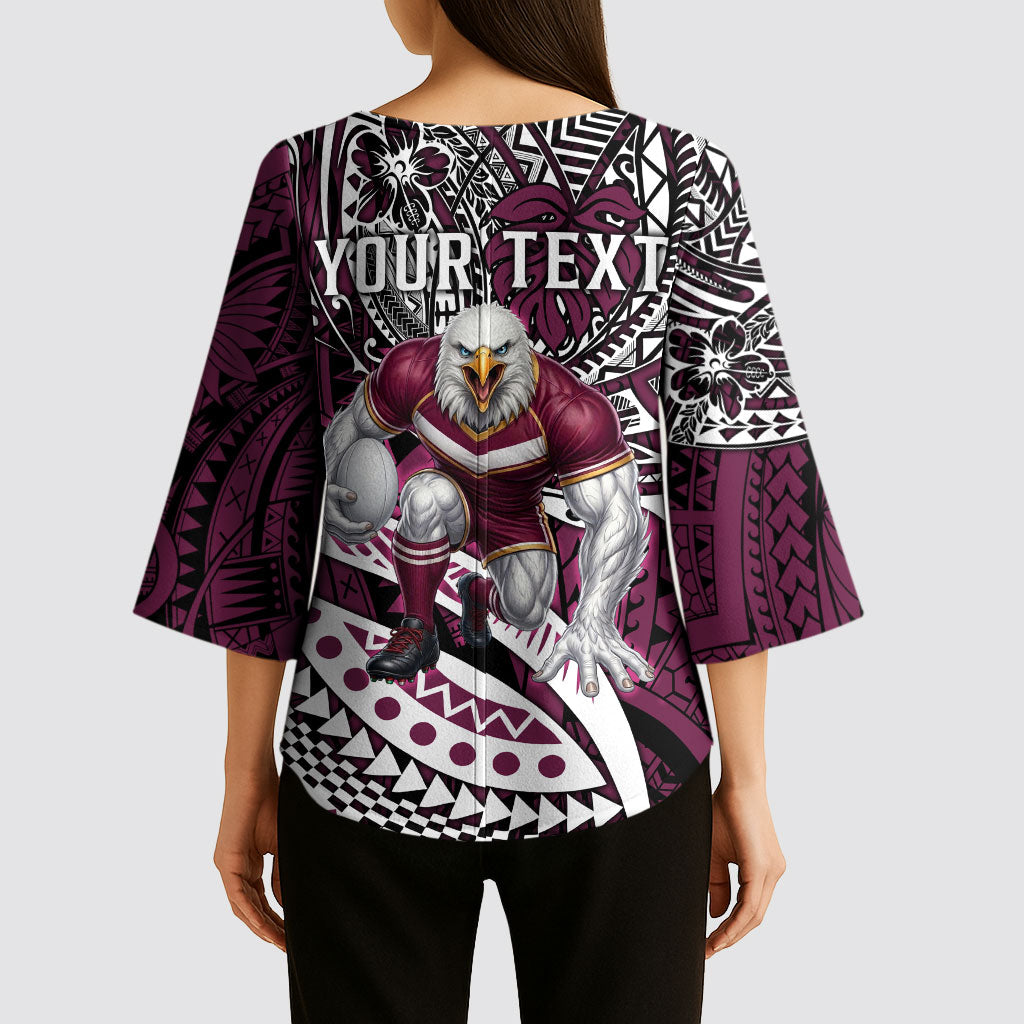 Personalised Manly Warringah Sea Eagles Kimono Sleeve Blouse Polynesian Tribal Art Style With Muscular Sea Eagle Mascot