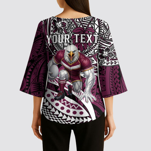 Personalised Manly Warringah Sea Eagles Kimono Sleeve Blouse Polynesian Tribal Art Style With Muscular Sea Eagle Mascot