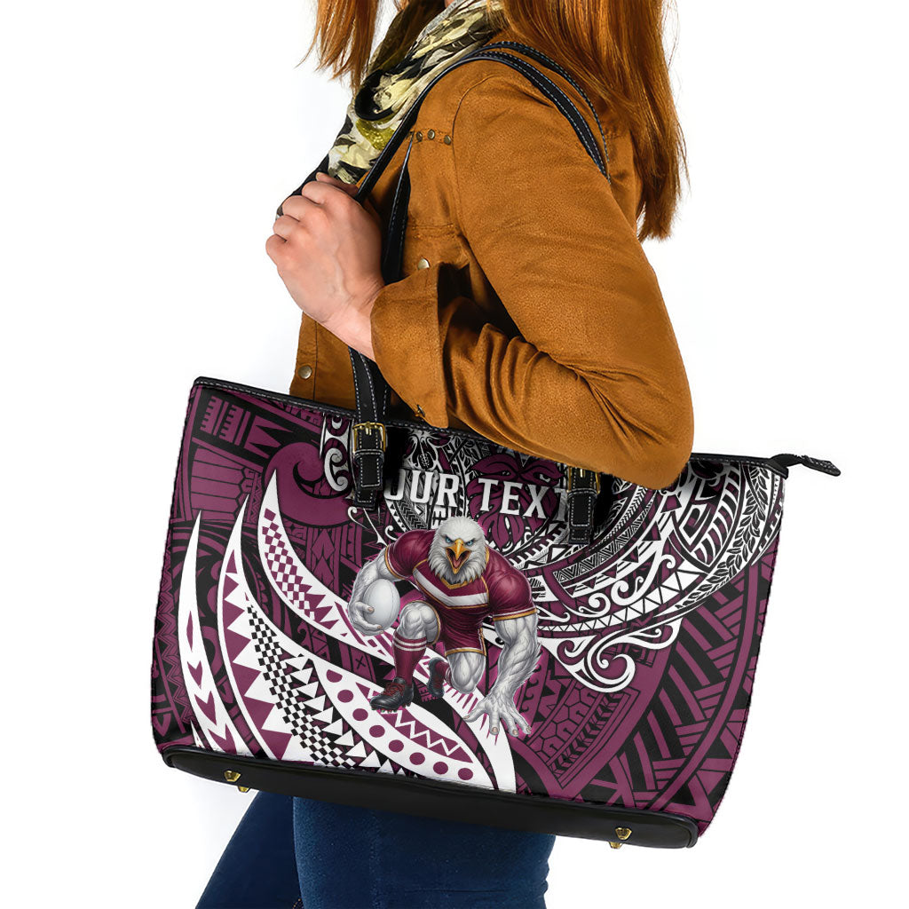 Personalised Manly Warringah Sea Eagles Leather Tote Bag Polynesian Tribal Art Style With Muscular Sea Eagle Mascot