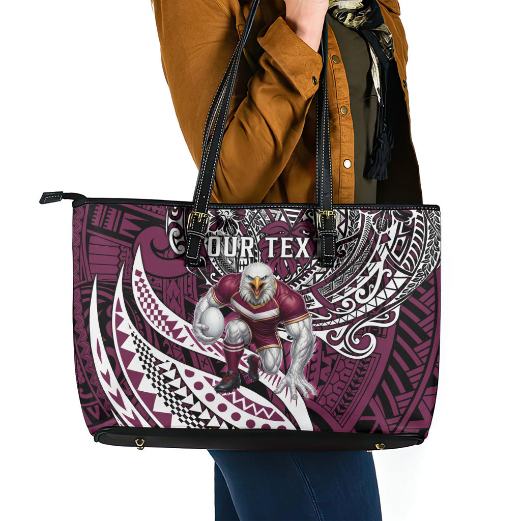 Personalised Manly Warringah Sea Eagles Leather Tote Bag Polynesian Tribal Art Style With Muscular Sea Eagle Mascot