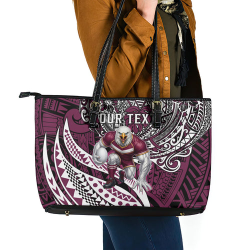 Personalised Manly Warringah Sea Eagles Leather Tote Bag Polynesian Tribal Art Style With Muscular Sea Eagle Mascot