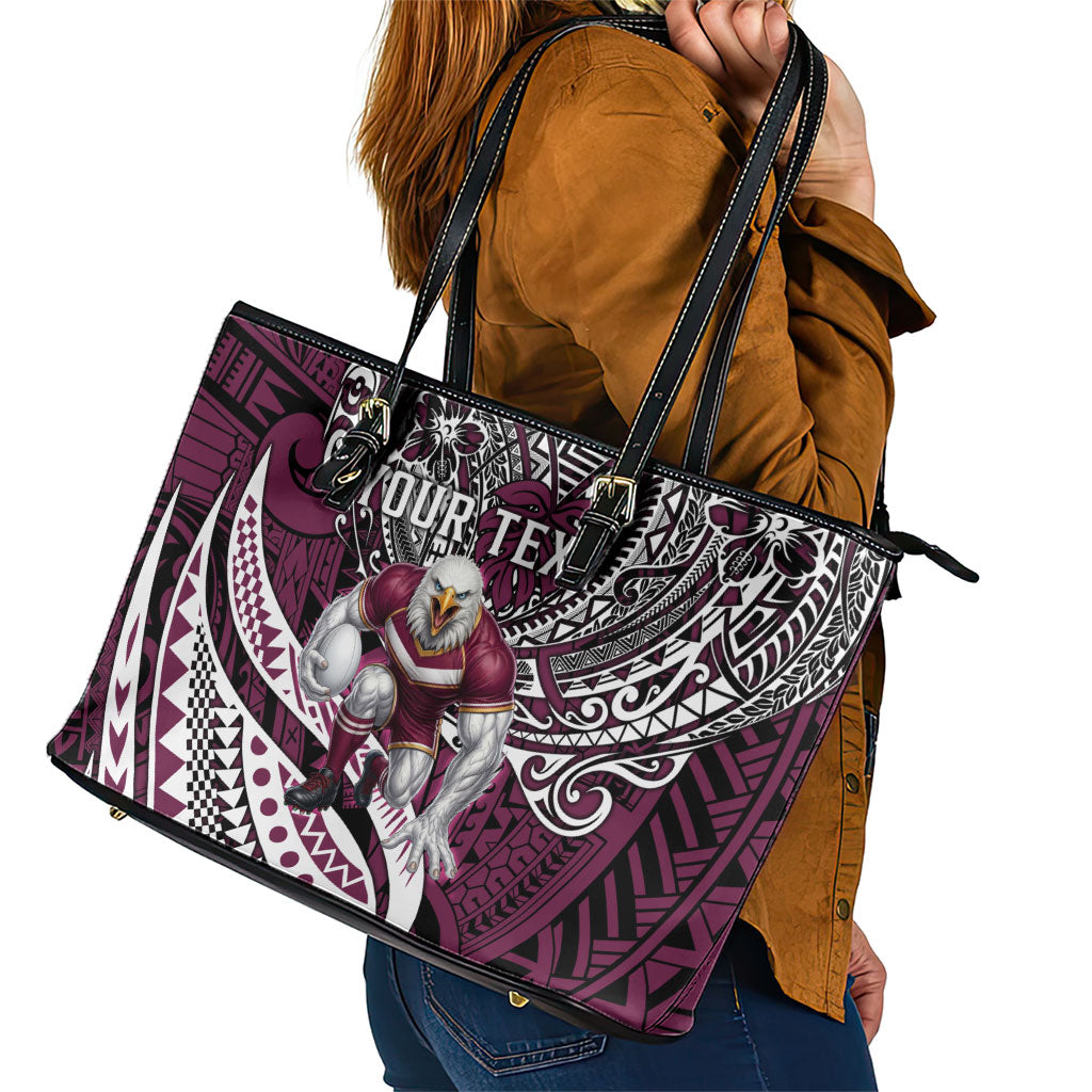 Personalised Manly Warringah Sea Eagles Leather Tote Bag Polynesian Tribal Art Style With Muscular Sea Eagle Mascot