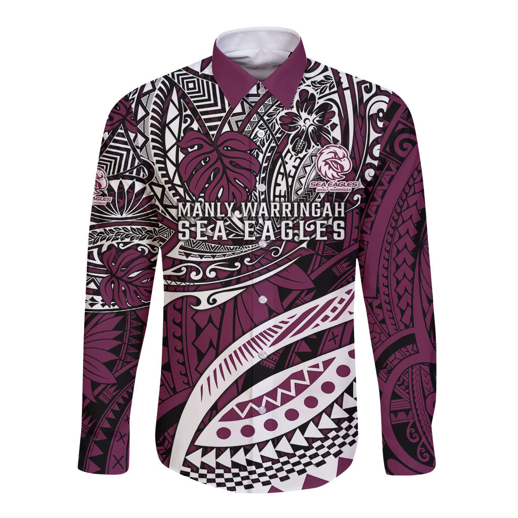 Personalised Manly Warringah Sea Eagles Long Sleeve Button Shirt Polynesian Tribal Art Style With Muscular Sea Eagle Mascot