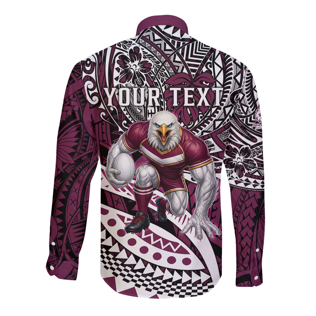 Personalised Manly Warringah Sea Eagles Long Sleeve Button Shirt Polynesian Tribal Art Style With Muscular Sea Eagle Mascot
