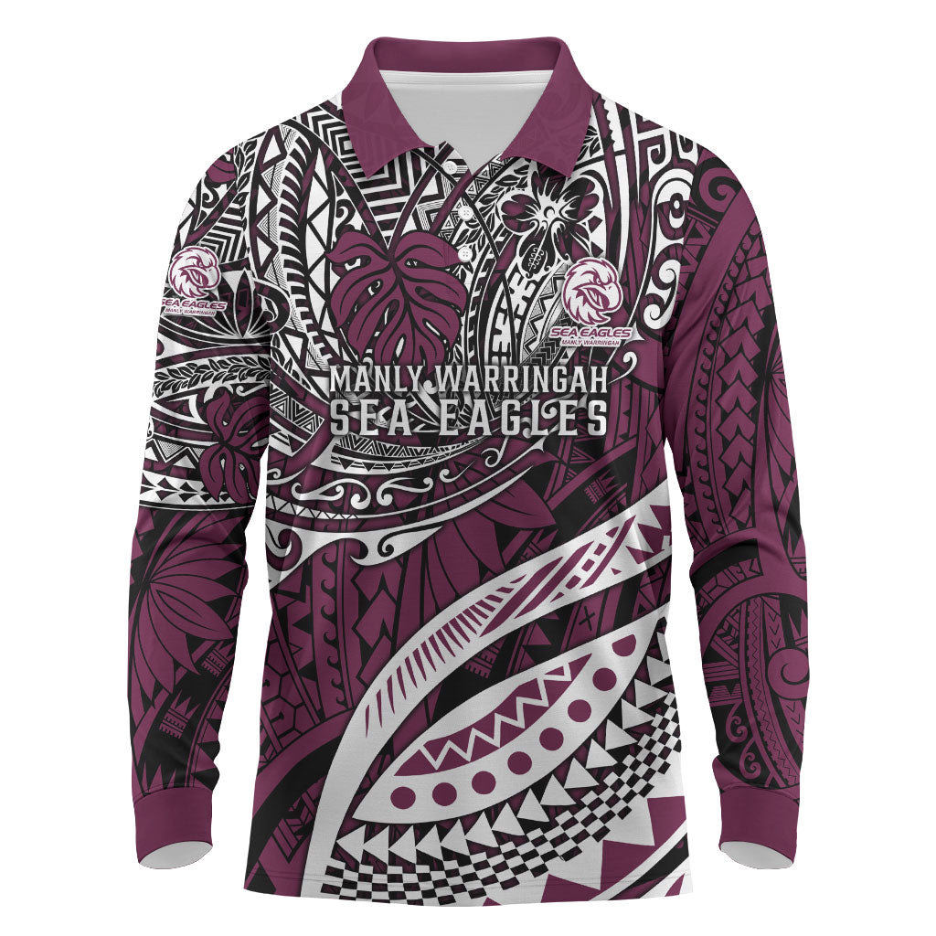 Personalised Manly Warringah Sea Eagles Long Sleeve Polo Shirt Polynesian Tribal Art Style With Muscular Sea Eagle Mascot