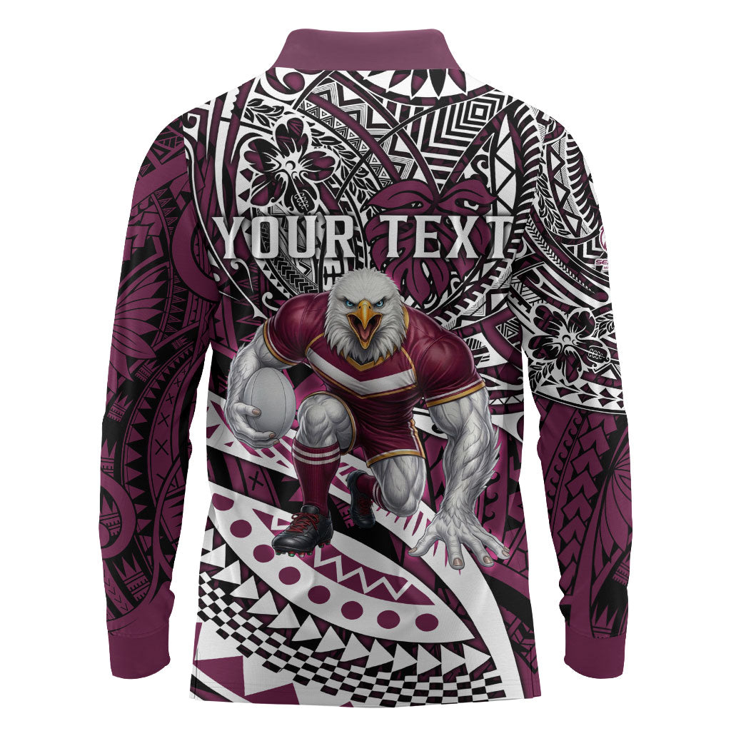 Personalised Manly Warringah Sea Eagles Long Sleeve Polo Shirt Polynesian Tribal Art Style With Muscular Sea Eagle Mascot