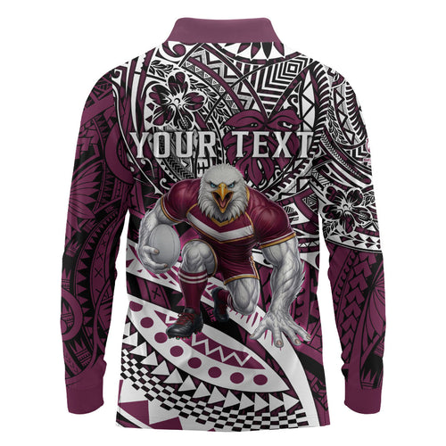 Personalised Manly Warringah Sea Eagles Long Sleeve Polo Shirt Polynesian Tribal Art Style With Muscular Sea Eagle Mascot
