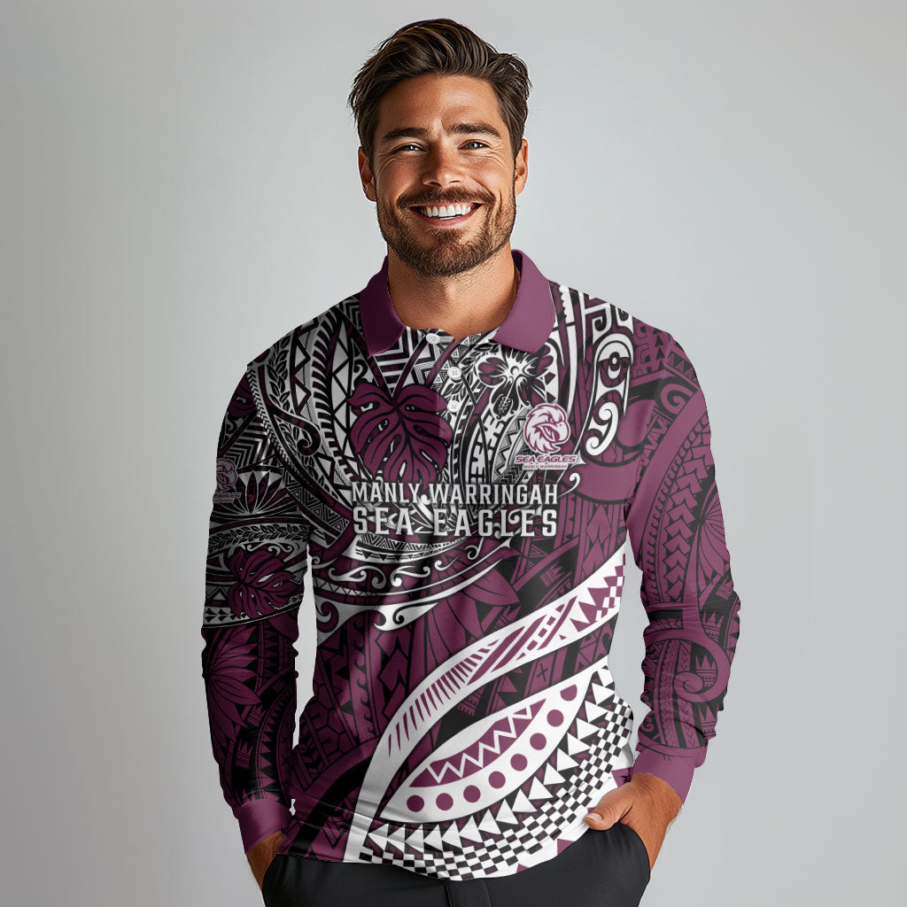 Personalised Manly Warringah Sea Eagles Long Sleeve Polo Shirt Polynesian Tribal Art Style With Muscular Sea Eagle Mascot
