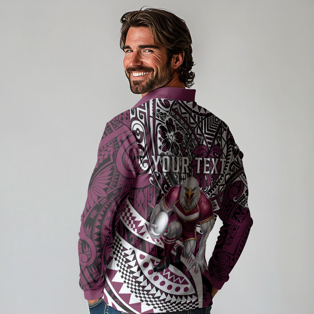 Personalised Manly Warringah Sea Eagles Long Sleeve Polo Shirt Polynesian Tribal Art Style With Muscular Sea Eagle Mascot