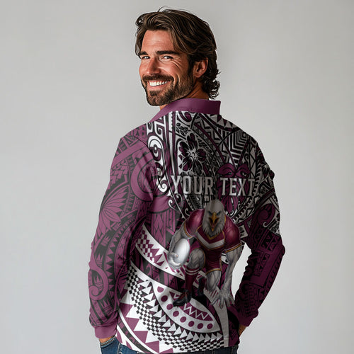 Personalised Manly Warringah Sea Eagles Long Sleeve Polo Shirt Polynesian Tribal Art Style With Muscular Sea Eagle Mascot