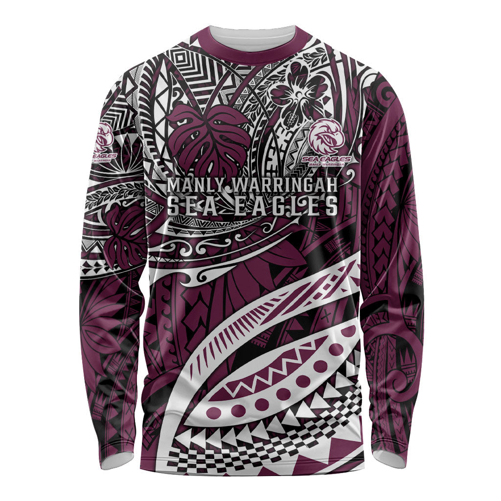 Personalised Manly Warringah Sea Eagles Long Sleeve Shirt Polynesian Tribal Art Style With Muscular Sea Eagle Mascot