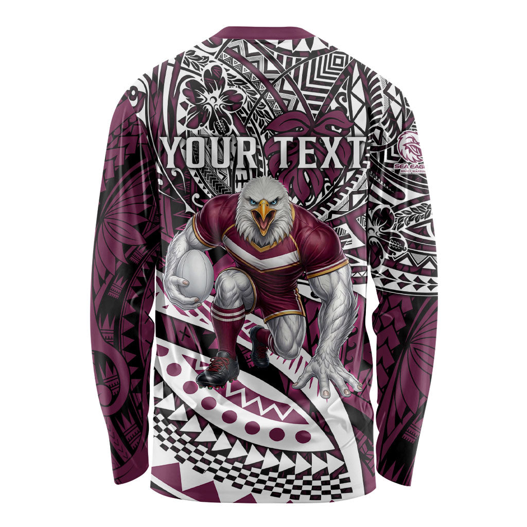 Personalised Manly Warringah Sea Eagles Long Sleeve Shirt Polynesian Tribal Art Style With Muscular Sea Eagle Mascot