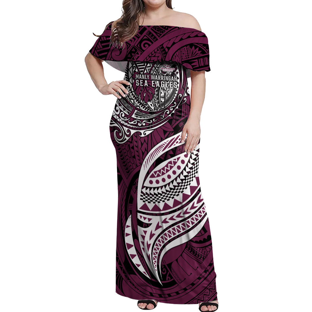 Personalised Manly Warringah Sea Eagles Off Shoulder Maxi Dress Polynesian Tribal Art Style With Muscular Sea Eagle Mascot
