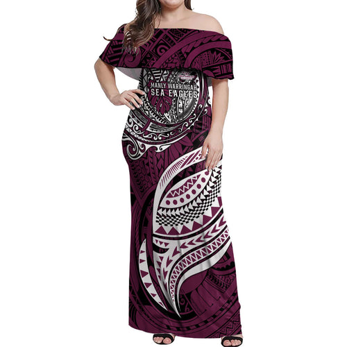Personalised Manly Warringah Sea Eagles Off Shoulder Maxi Dress Polynesian Tribal Art Style With Muscular Sea Eagle Mascot