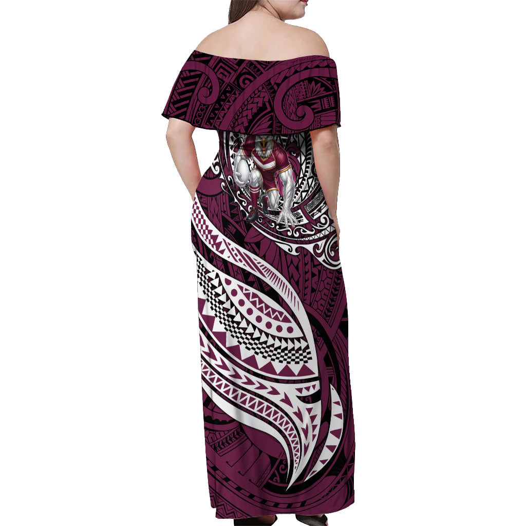Personalised Manly Warringah Sea Eagles Off Shoulder Maxi Dress Polynesian Tribal Art Style With Muscular Sea Eagle Mascot