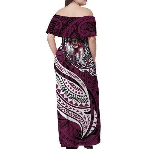 Personalised Manly Warringah Sea Eagles Off Shoulder Maxi Dress Polynesian Tribal Art Style With Muscular Sea Eagle Mascot