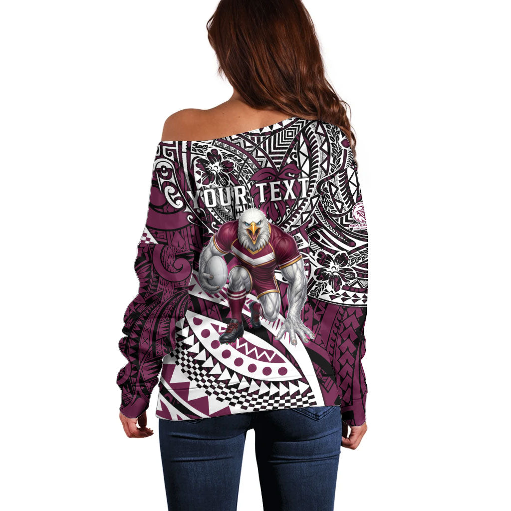 Personalised Manly Warringah Sea Eagles Off Shoulder Sweater Polynesian Tribal Art Style With Muscular Sea Eagle Mascot
