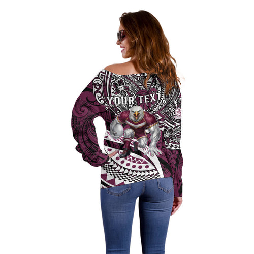 Personalised Manly Warringah Sea Eagles Off Shoulder Sweater Polynesian Tribal Art Style With Muscular Sea Eagle Mascot