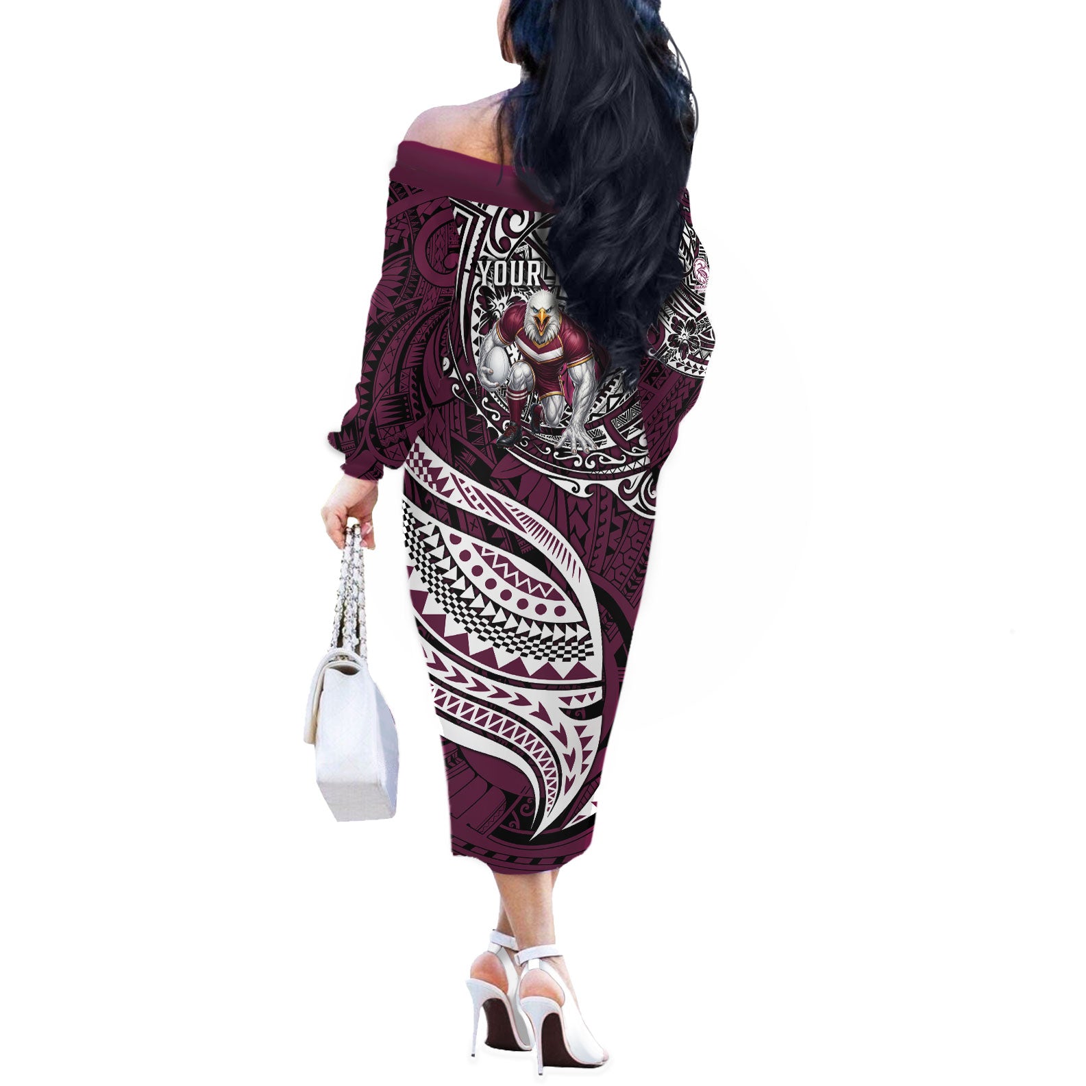 Personalised Manly Warringah Sea Eagles Off The Shoulder Long Sleeve Dress Polynesian Tribal Art Style With Muscular Sea Eagle Mascot