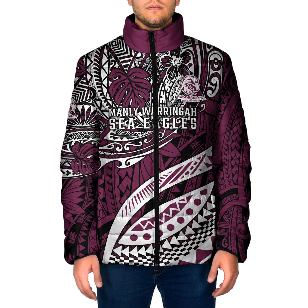 Personalised Manly Warringah Sea Eagles Padded Jacket Polynesian Tribal Art Style With Muscular Sea Eagle Mascot