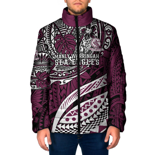 Personalised Manly Warringah Sea Eagles Padded Jacket Polynesian Tribal Art Style With Muscular Sea Eagle Mascot