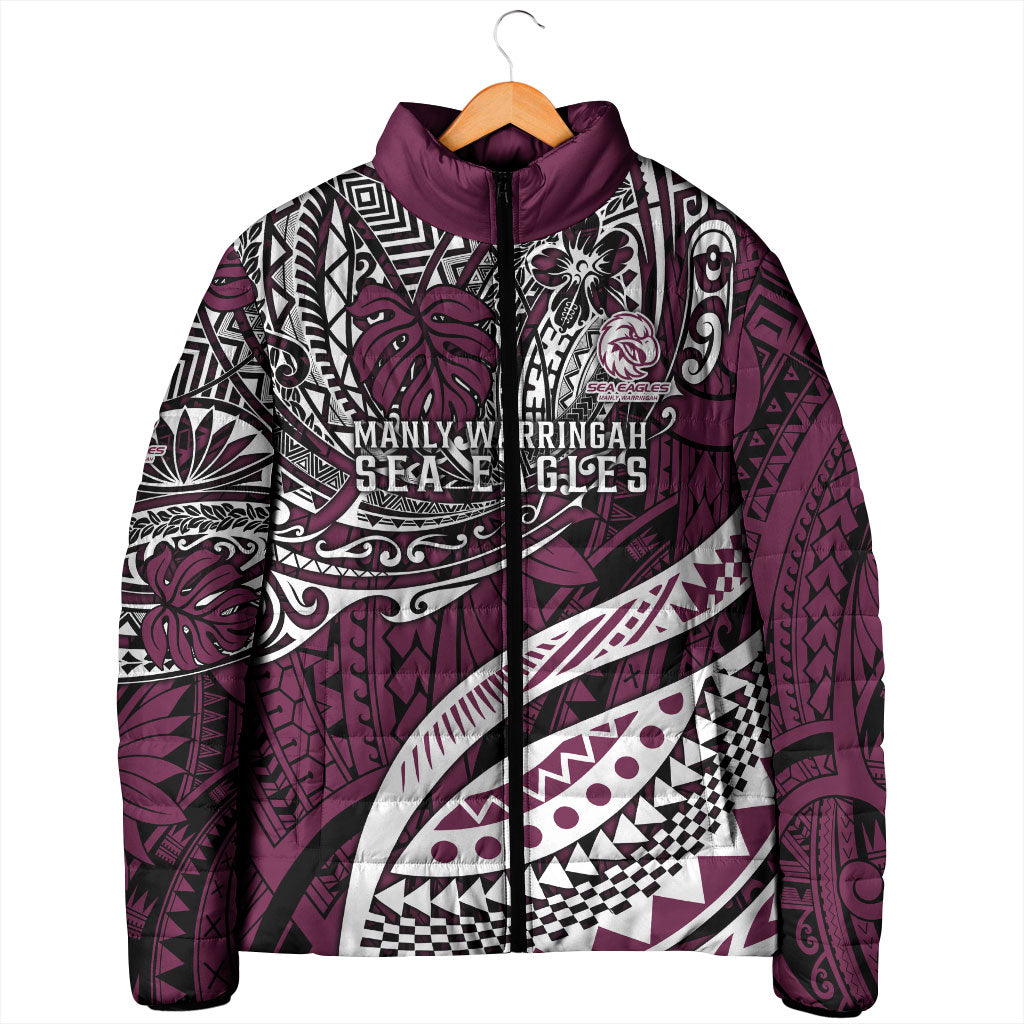 Personalised Manly Warringah Sea Eagles Padded Jacket Polynesian Tribal Art Style With Muscular Sea Eagle Mascot