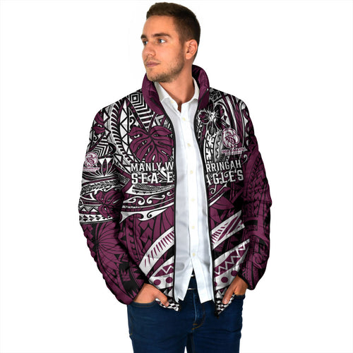 Personalised Manly Warringah Sea Eagles Padded Jacket Polynesian Tribal Art Style With Muscular Sea Eagle Mascot