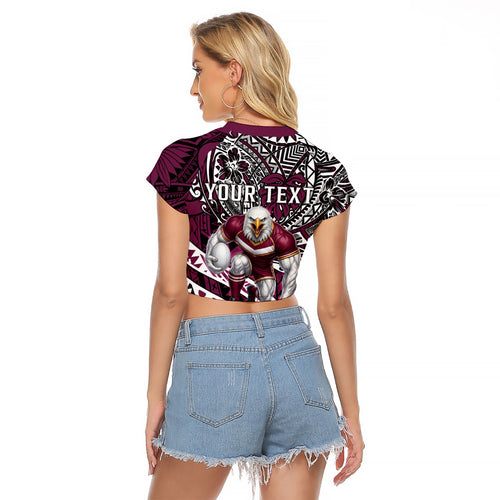 Personalised Manly Warringah Sea Eagles Raglan Cropped T Shirt Polynesian Tribal Art Style With Muscular Sea Eagle Mascot
