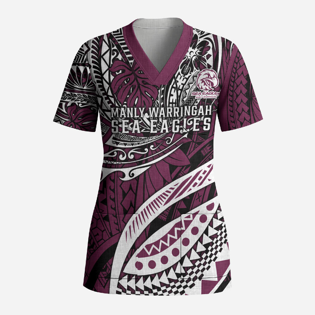 Personalised Manly Warringah Sea Eagles Scrub Top Polynesian Tribal Art Style With Muscular Sea Eagle Mascot