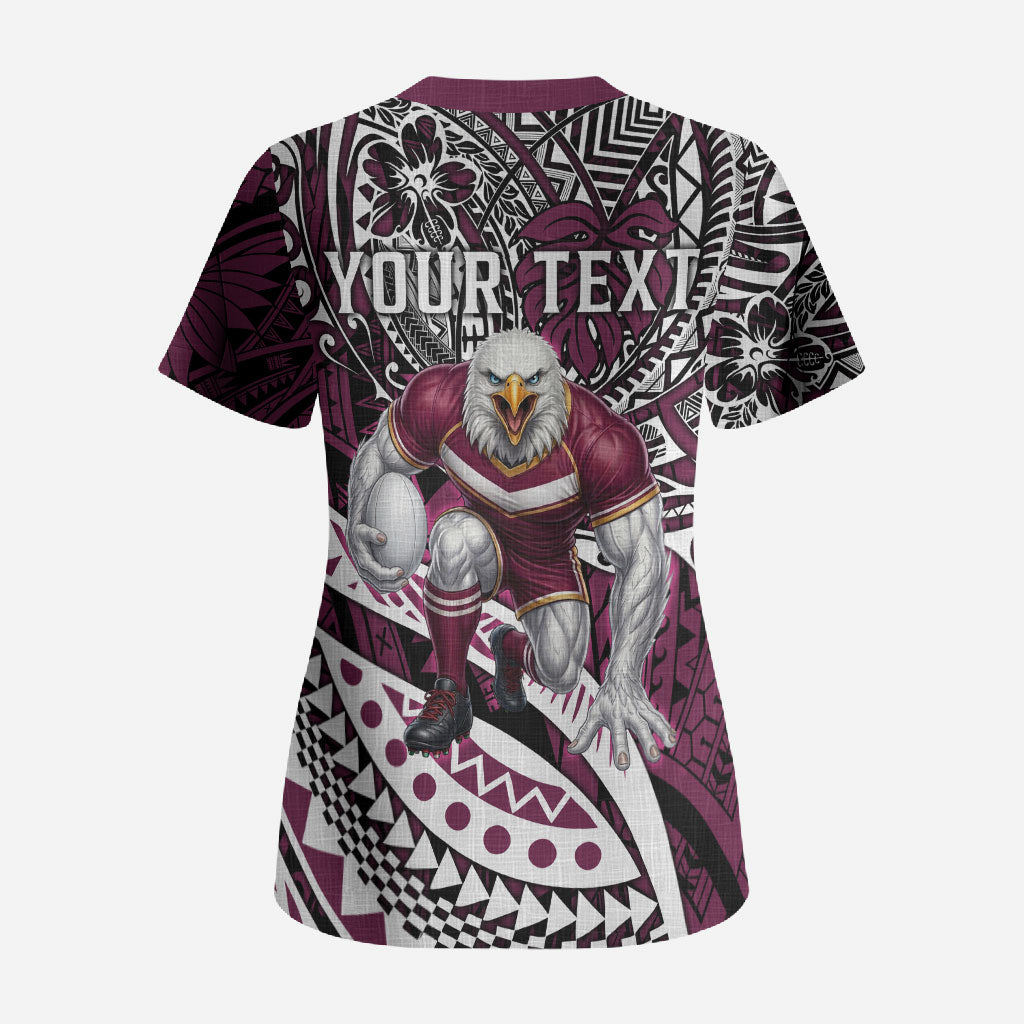 Personalised Manly Warringah Sea Eagles Scrub Top Polynesian Tribal Art Style With Muscular Sea Eagle Mascot