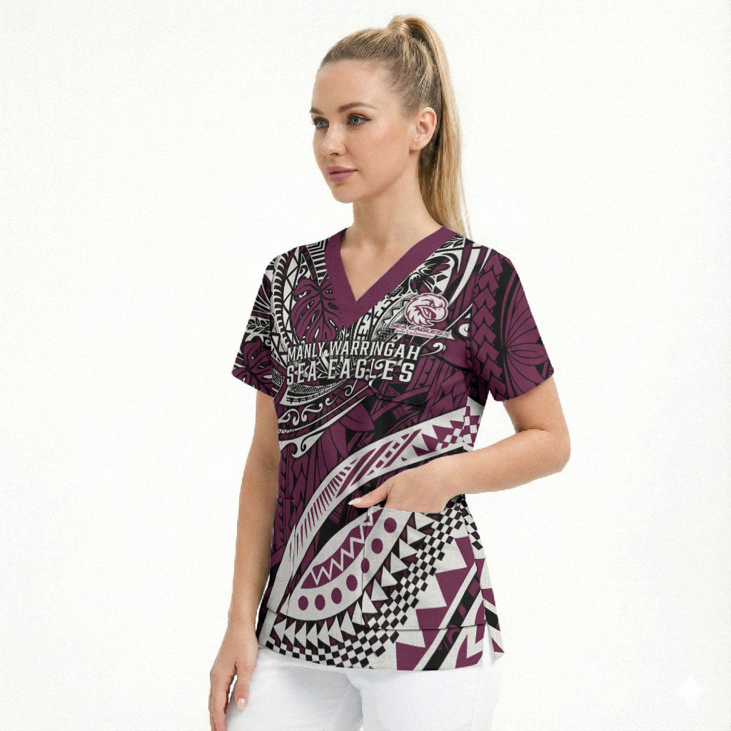 Personalised Manly Warringah Sea Eagles Scrub Top Polynesian Tribal Art Style With Muscular Sea Eagle Mascot