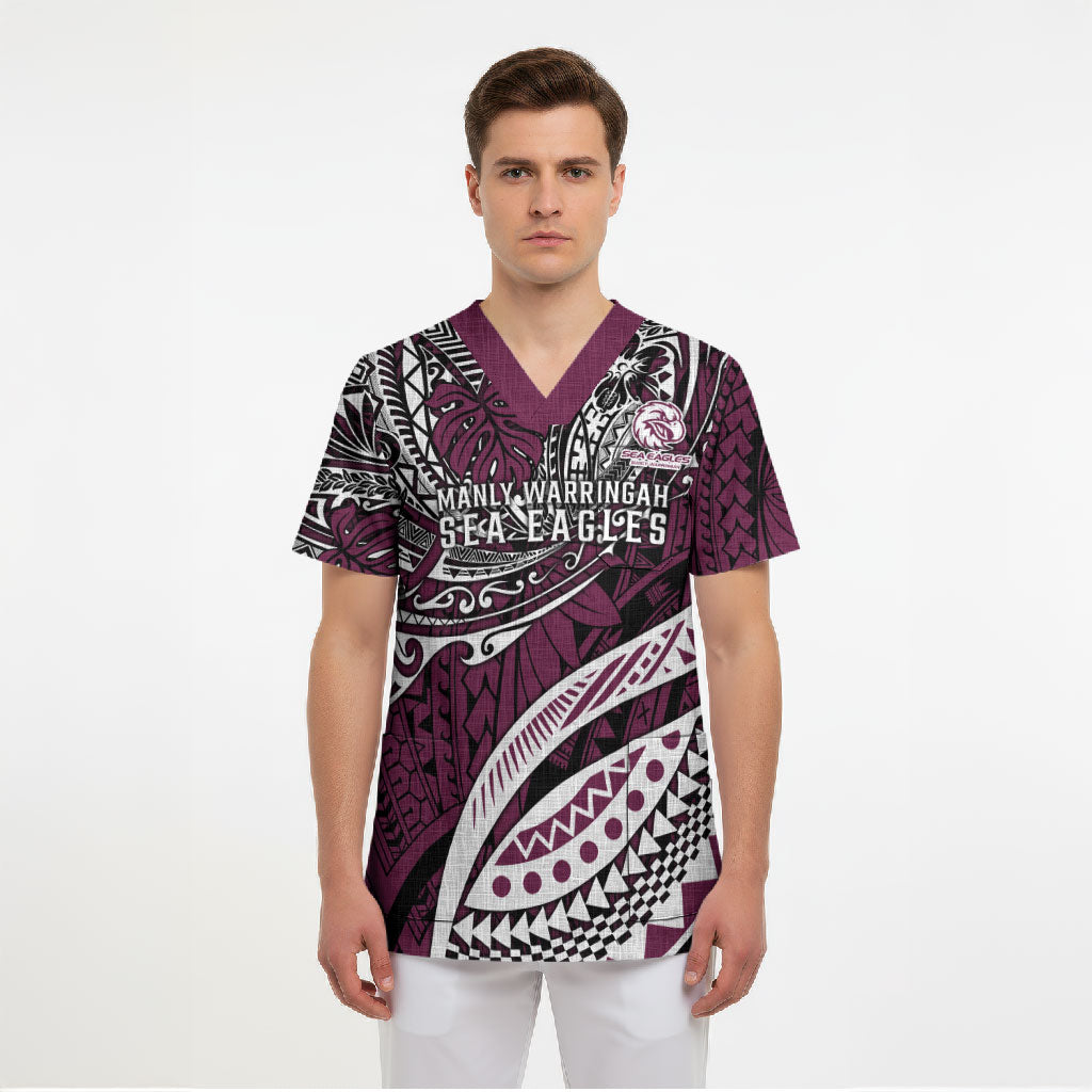 Personalised Manly Warringah Sea Eagles Scrub Top Polynesian Tribal Art Style With Muscular Sea Eagle Mascot