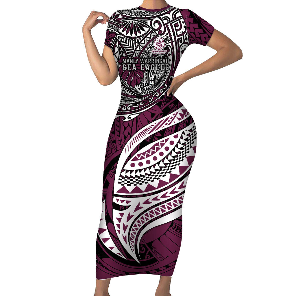 Personalised Manly Warringah Sea Eagles Short Sleeve Bodycon Dress Polynesian Tribal Art Style With Muscular Sea Eagle Mascot