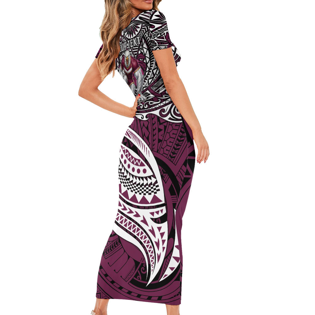 Personalised Manly Warringah Sea Eagles Short Sleeve Bodycon Dress Polynesian Tribal Art Style With Muscular Sea Eagle Mascot